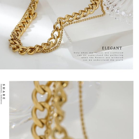 New 18K Gold Plated Link Chain Double Layer Necklace 9c - Picture 6 of 8